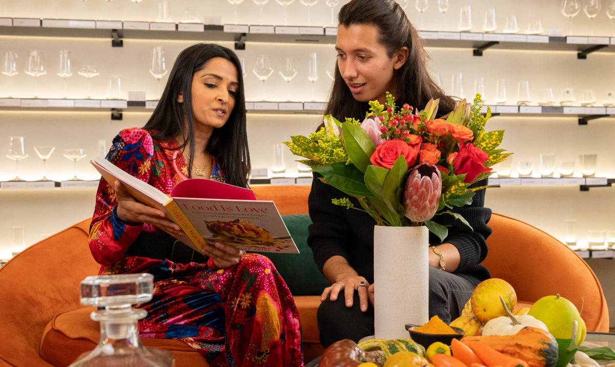 Chef Palak and floral designer Justin discussing ways to host for holidays