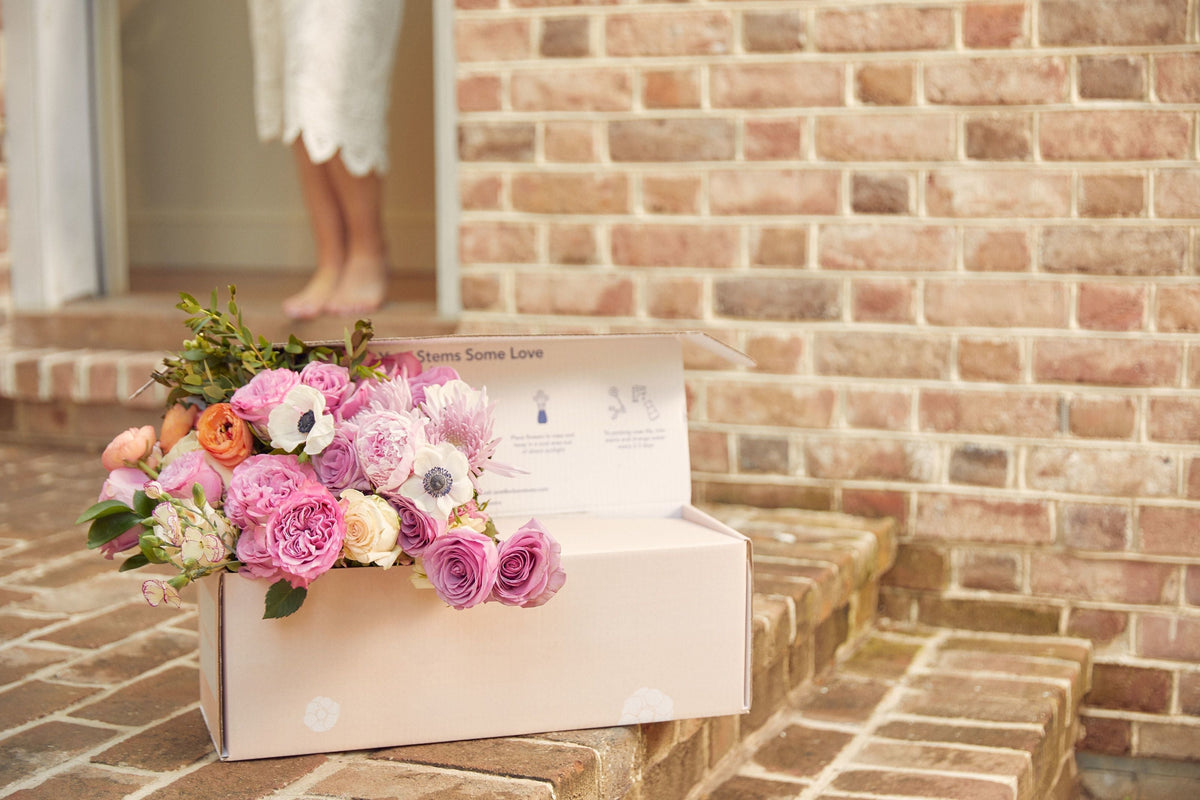 Close up of an UrbanStems box opened after being delivered for Mother's Day.