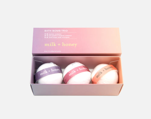 milk + honey bath bomb trio