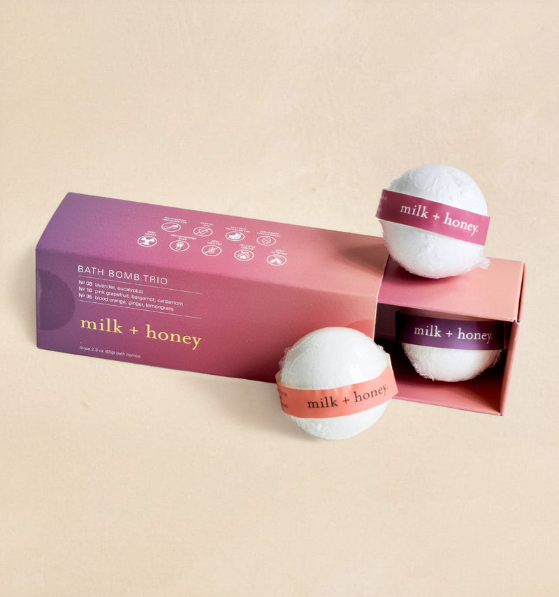 milk + honey bath bomb trio