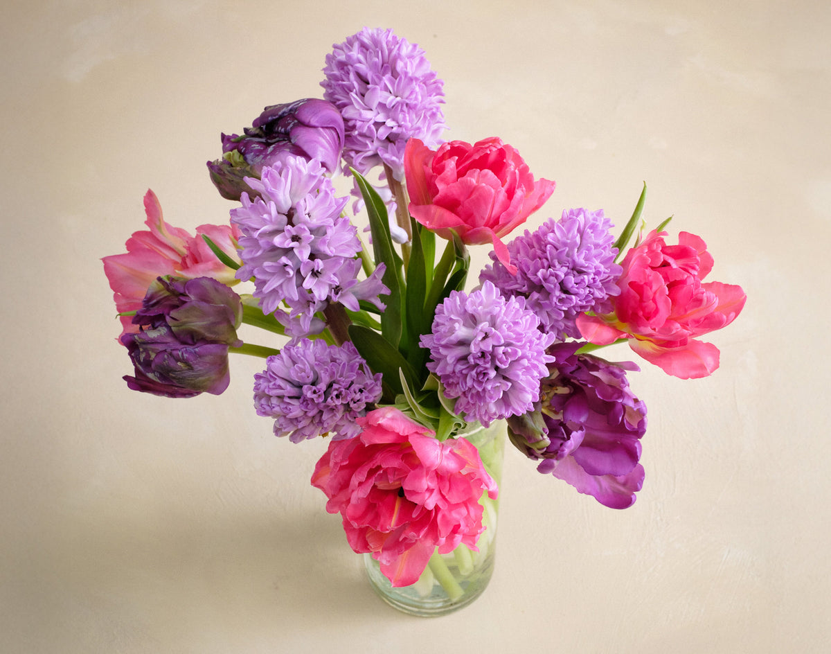 Bouquet of pink and purple flowers in a clear vase on a beige background