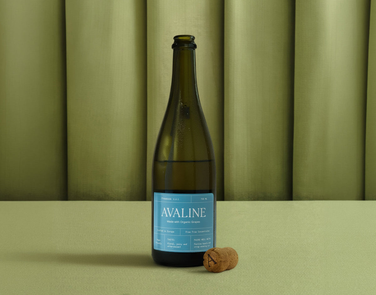 Wine bottle with 'Avaline' label on a green background