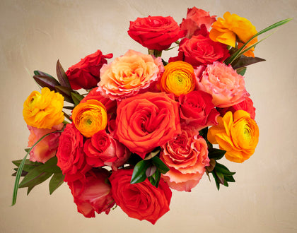Bouquet of red, orange, and yellow flowers on a beige background