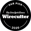 Circular badge with 'Our Pick' text from The New York Times Wirecutter for 2026 on a black background