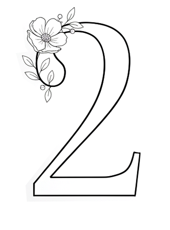 Black number '2' with floral design on a white background